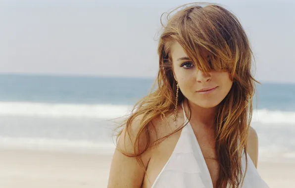 Beach, Lindsay Lohan, women, actress, white dress