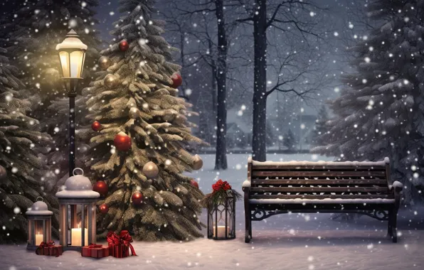 Winter, snow, decoration, bench, night, Park, tree, New Year