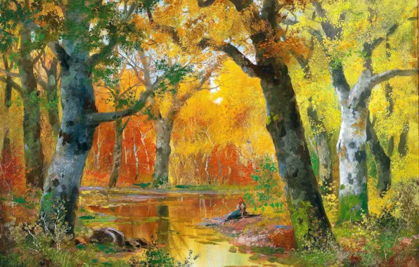 Autumn, Trees, Picture, River, Woman, Alois Arnegger, Autumn forest, Alois Arnegger