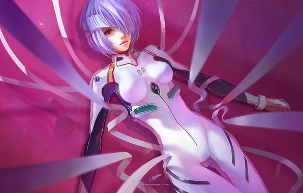 Girl, tape, art, headband, neon genesis evangelion, ayanami Rei, lying, bandages