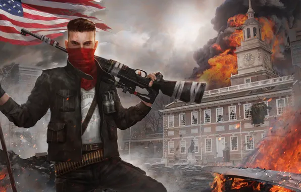 Picture the city, fire, flag, art, soldiers, male, rifle, Homefront: The Revolution