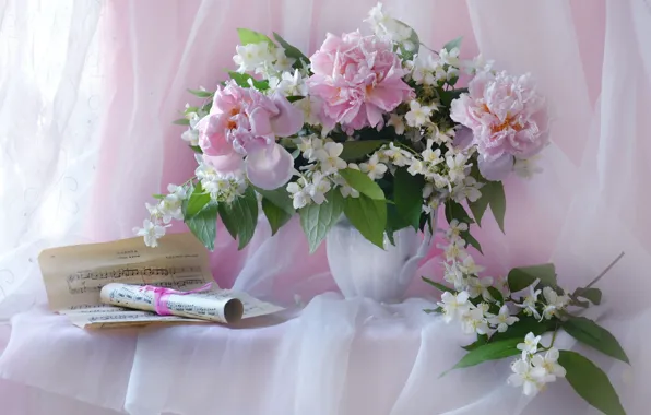 Notes, bouquet, peonies, Jasmine