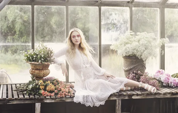 Picture girl, flowers, pose, dress, Dakota Fanning