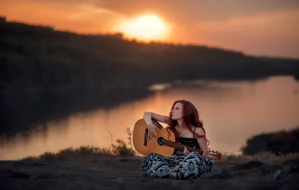 GUITAR, SUNSET, MOOD, SUNDRESS, REDHEAD, photographer Yulia Taratynova