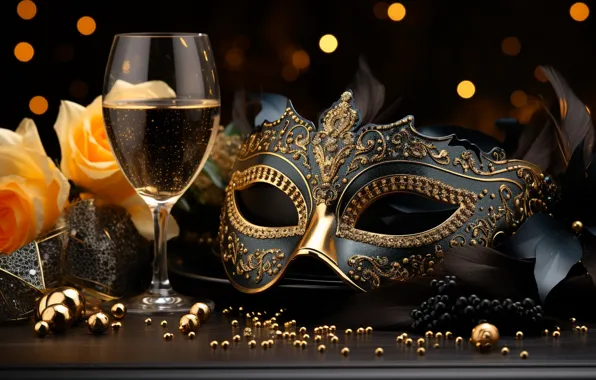 Holiday, wine, glass, mask, Christmas, alcohol, New year, champagne