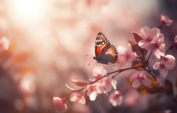 Light, butterfly, flowers, branches, butterfly, spring, pink, flowering