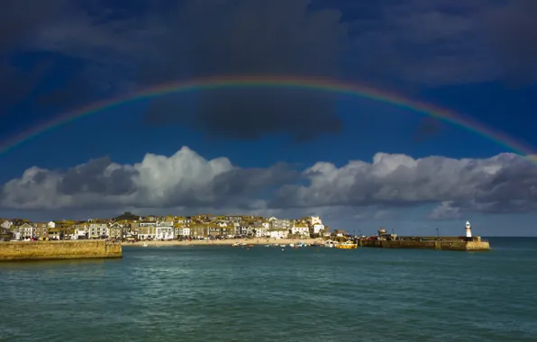 Sea, the city, lighthouse, England, rainbow, Cornwall