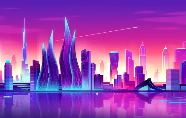Sunset, Vector, The city, Style, Skyscrapers, Dubai, Architecture, Art