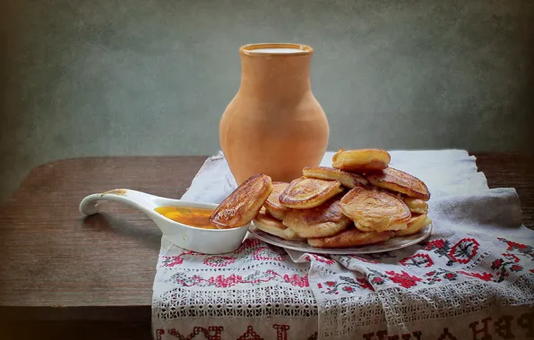Table, milk, plate, pitcher, honey, tablecloth, pancakes