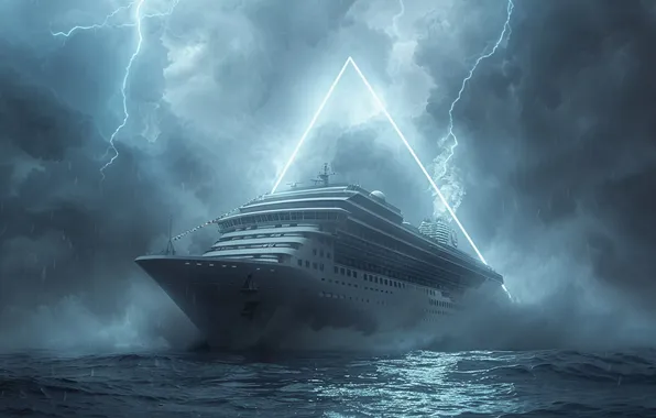 Sea, Wave, Lightning, Liner, Ship, Rain, Clouds, The portal