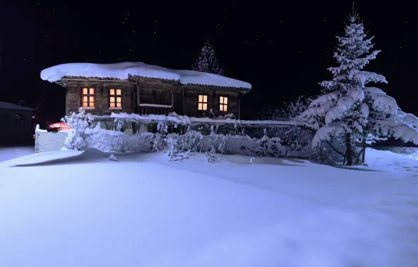Picture winter, the sky, snow, night, house, tree, spruce, stars