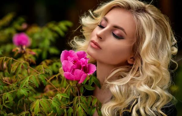 Picture flower, leaves, girl, makeup, blonde, curls, Anastasia Donskaya, Anastasia Mazzei (Don)