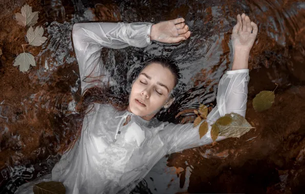 Leaves, water, girl, pose, the situation, hands, blouse, closed eyes