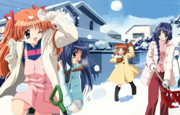 Winter, snow, girls, the game, anime, art, Canon