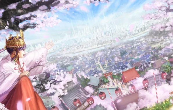 The sky, girl, clouds, landscape, flowers, the city, home, anime