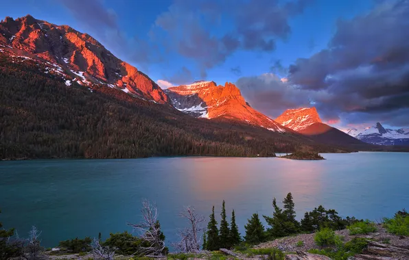 Forest, light, mountains, lake, Canada