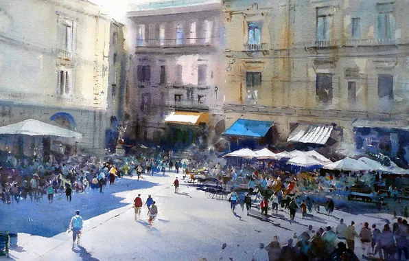 Picture the city, people, the crowd, Windows, home, picture, area, watercolor