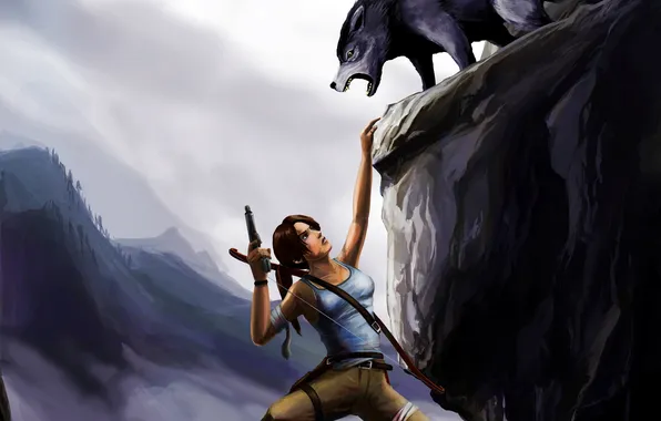Girl, rock, wolf, predator, bow, art, hanging, Tomb raider