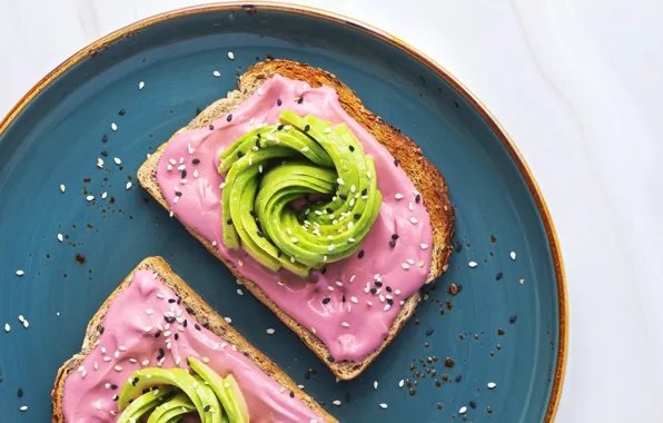 Food, plate, bread, avocado, sandwiches