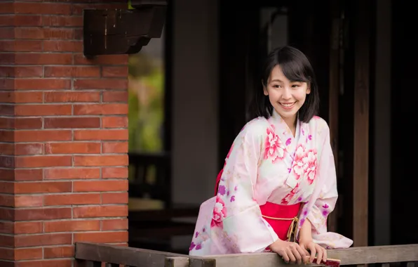 Picture girl, smile, kimono, Asian