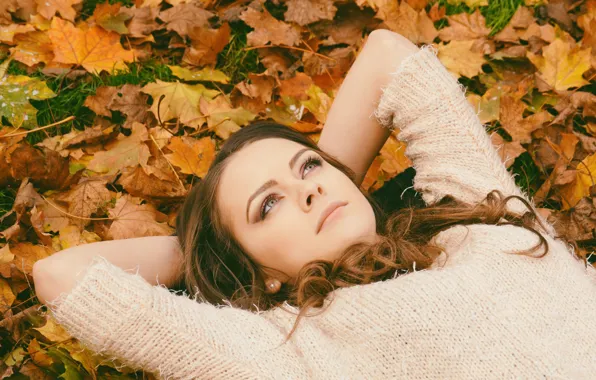 Autumn, look, leaves, girl, mood, hands