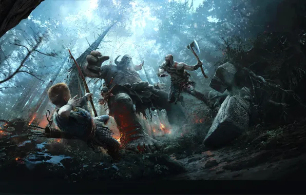 Picture Forest, The battle, Axe, Warriors, Kratos, God of War, Game