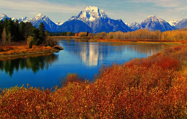 Autumn, the sky, trees, mountains, lake, reflection, river, Wyoming