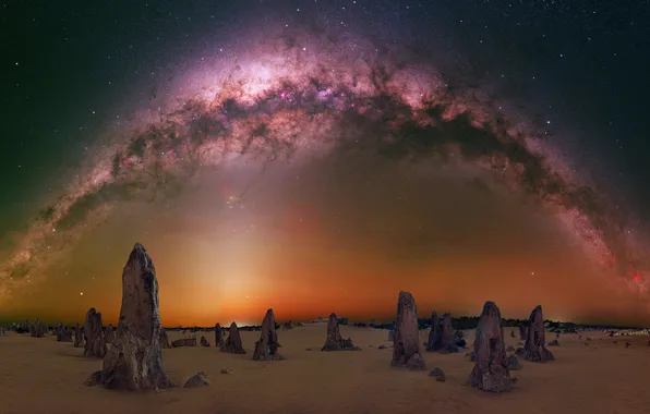 Sand, field, the sky, space, stars, light, night, stones