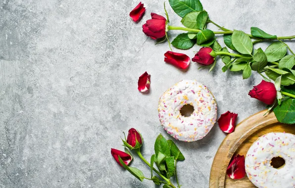 Flowers, roses, petals, donuts, cakes, glaze