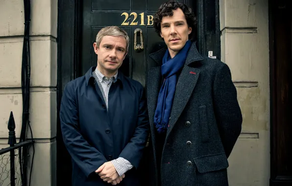 Picture the door, actors, Sherlock Holmes, men, Season 3, Martin Freeman, Martin Freeman, Benedict Cumberbatch
