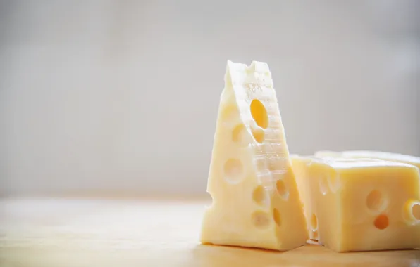 Table, food, cheese, pieces, light background, holes, piece, bokeh