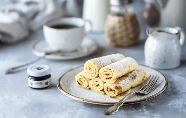 Coffee, plate, Cup, jam, powdered sugar, filling, pancakes, Karina Klachuk