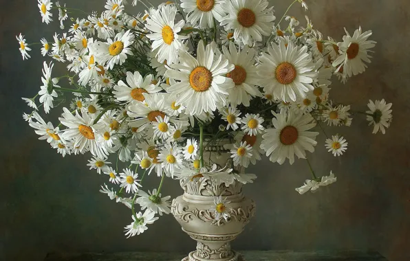 Flowers, table, chamomile, bouquet, vase, white, still life, grey background