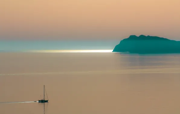 Picture sea, sunset, nature, fog, boat, island, color
