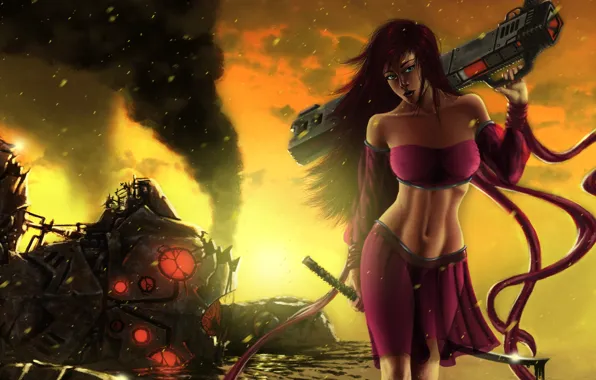 Girl, weapons, robot, hole, sword, katana, art, the corpse