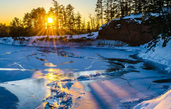 The sun, snow, lake, Nature, ice