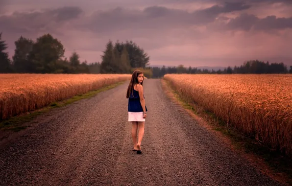 Picture road, field, girl