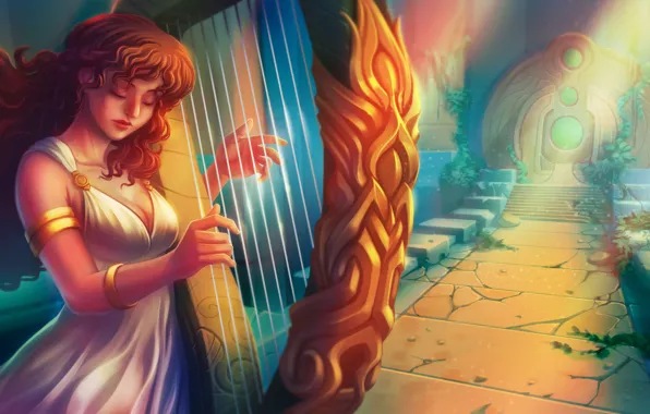 Girl, fantasy, harp