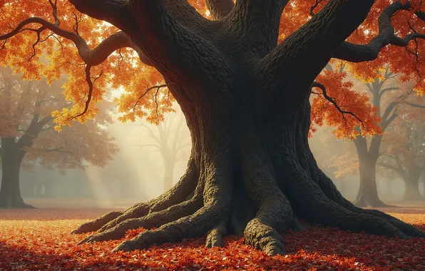 Autumn, fog, tree, branch, foliage, haze, AI art, neural network