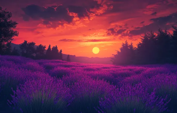 Landscape, sunset, flowers, nature, lavender, plantation, lavender field, AI art