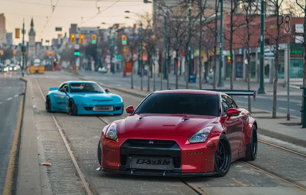 Picture road, trees, rails, Mazda RX-7, Nissan GT-R