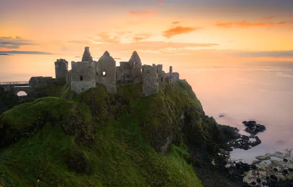 Picture sea, the sky, clouds, sunset, Ireland, Dunluce castle, medieval architecture, Dunluce сastle