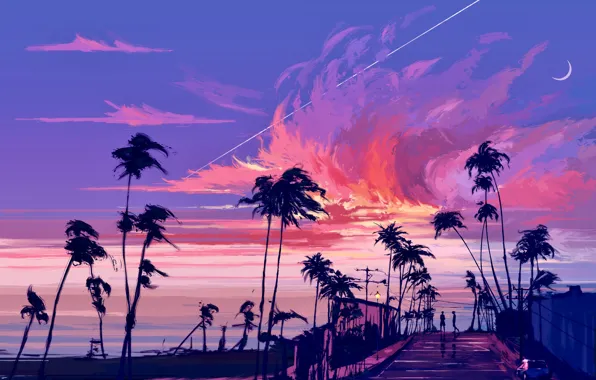 Sea, the sky, palm trees, people, Crescent
