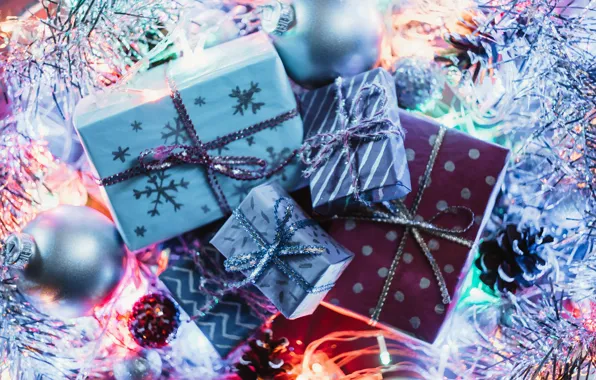 Picture gift, box, silver, blue, balls, a lot, holiday, garland