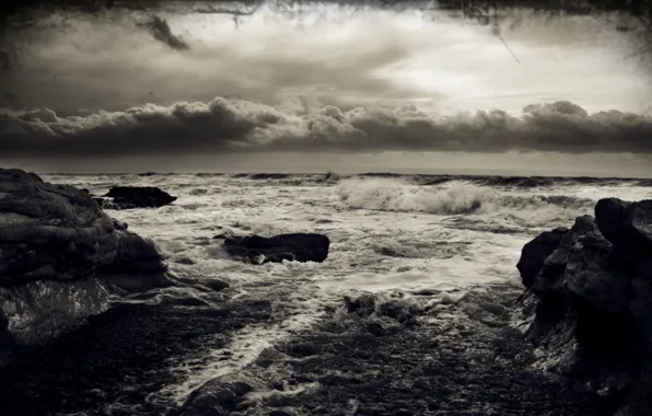 Wave, foam, clouds, storm, nature, stones, the wind, sea