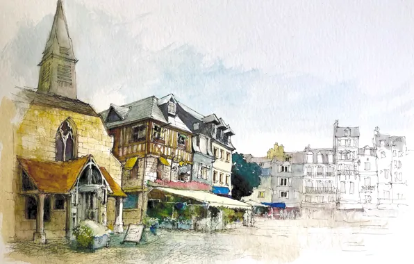 The city, figure, France, home, watercolor, Honfleur