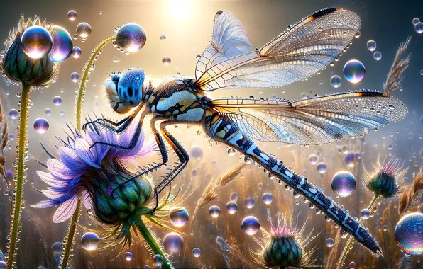 Drops, flowers, Rosa, beauty, dragonfly, morning, meadow, insect