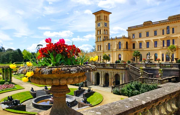 Flowers, design, Park, lawn, ladder, UK, fountain, Sunny