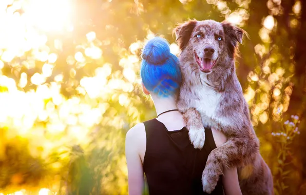 Face, girl, light, nature, pose, background, back, dog