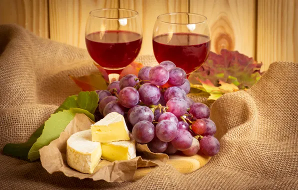 Leaves, paper, wine, cheese, glasses, grapes, fabric, still life